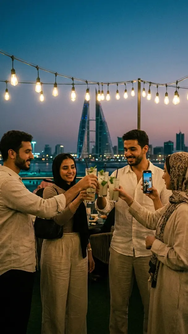 Four friends toasting with mint lemonade on a Manama rooftop at dusk while one films