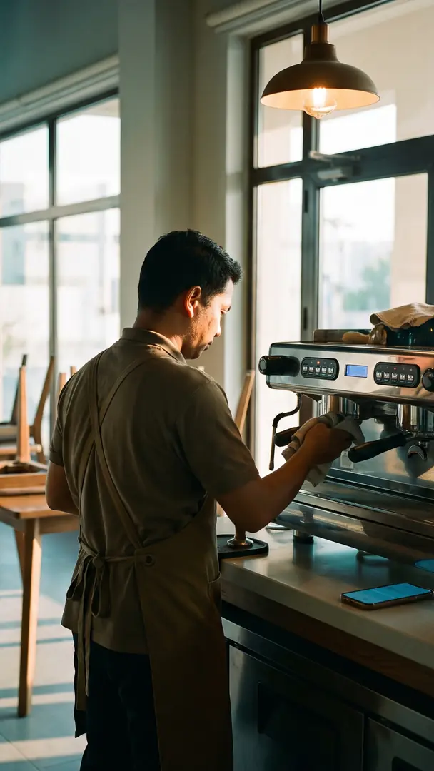 A barista wiping down the espresso machine before opening, chairs still stacked